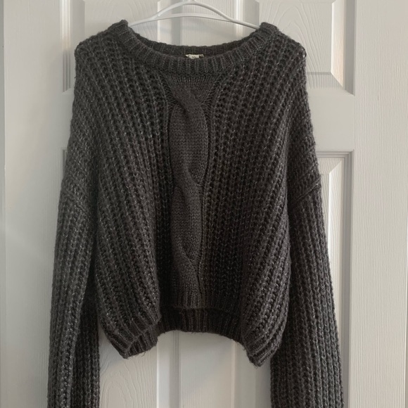 Garage Cable Knit Cropped Sweater, Grey, Size L - Picture 2 of 4